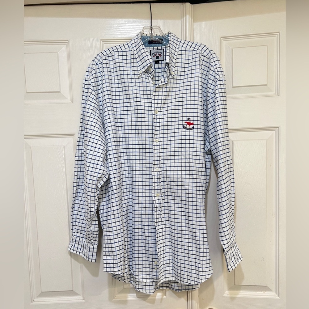Faconnable Button Down White‎ Blue Check Cotton Long Sleeve Men Shirt  Large Off